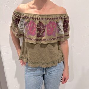 Free People Ruffle Sleeveless Army Green Shirt Embroidered Detail Sz XS